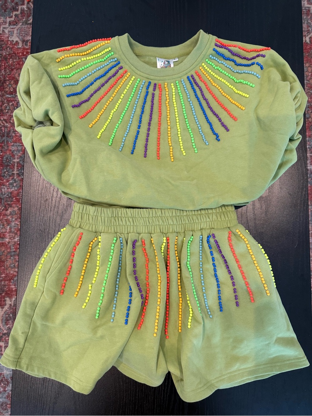 Queen of Sparkles Green Rainbow Embellished Burst Short Sleeve Set Small